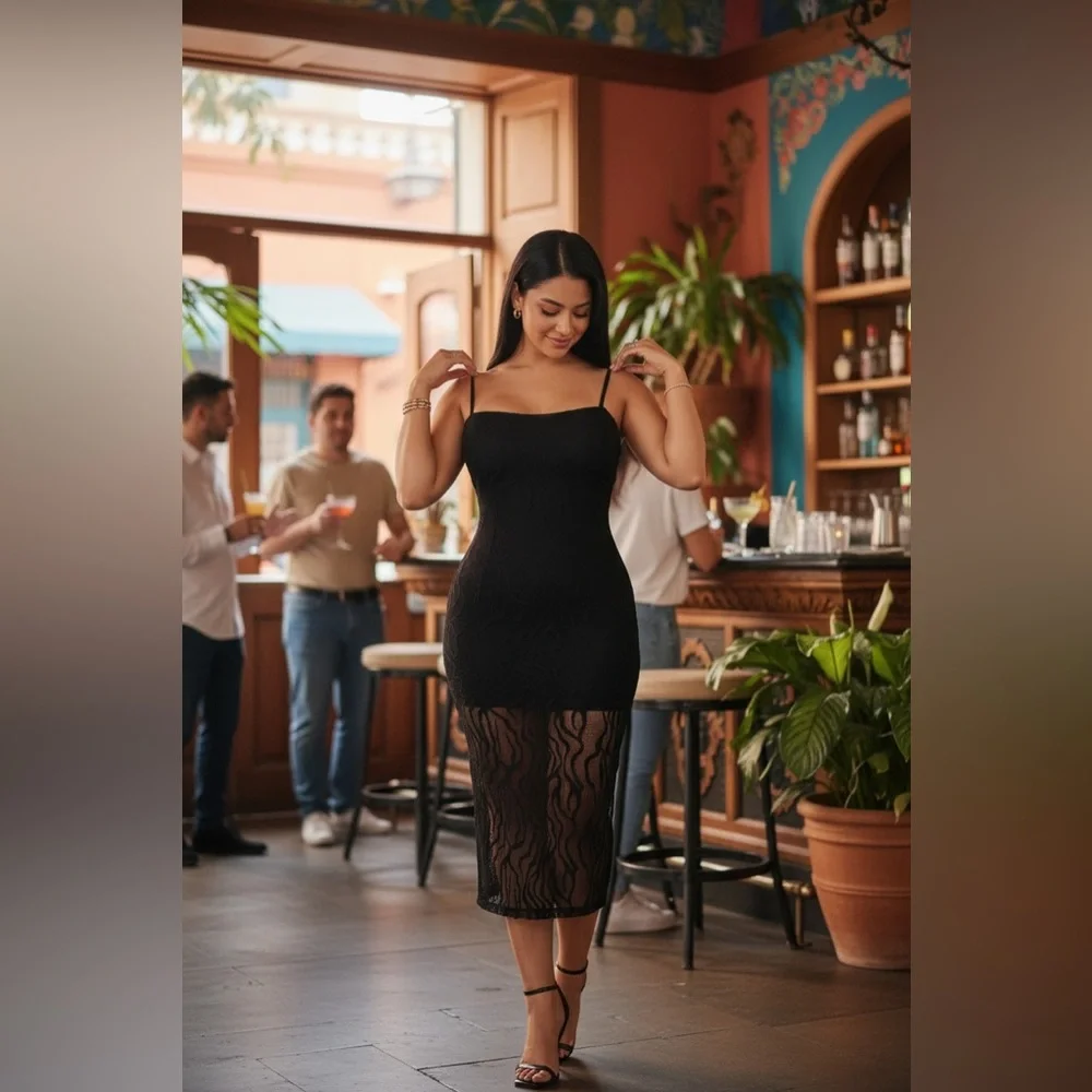 Elegant Black Sheer Midi Dress - Picture 2 of 7